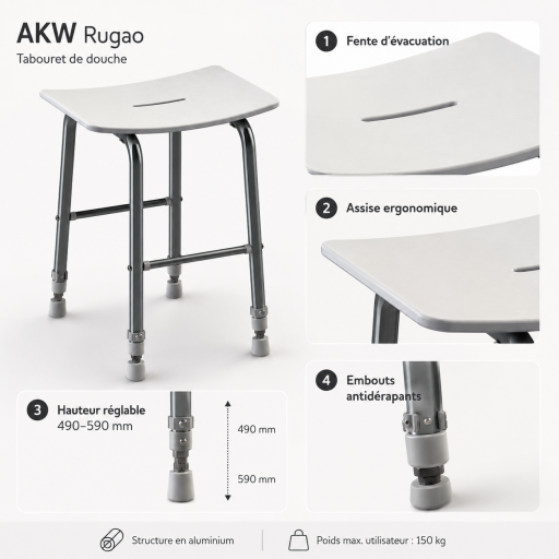 Tabouret de douche RUGAO BLANC r�glable pour salle de bain PMR