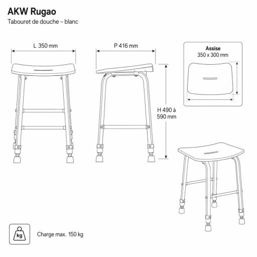 Sch�ma technique cot� du tabouret de douche RUGAO blanc � quatre pieds.