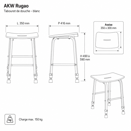 Tabouret de douche RUGAO BLANC r�glable pour salle de bain PMR
