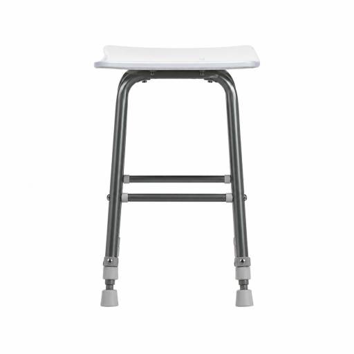 Vue de face du tabouret de douche RUGAO blanc � pieds r�glables.