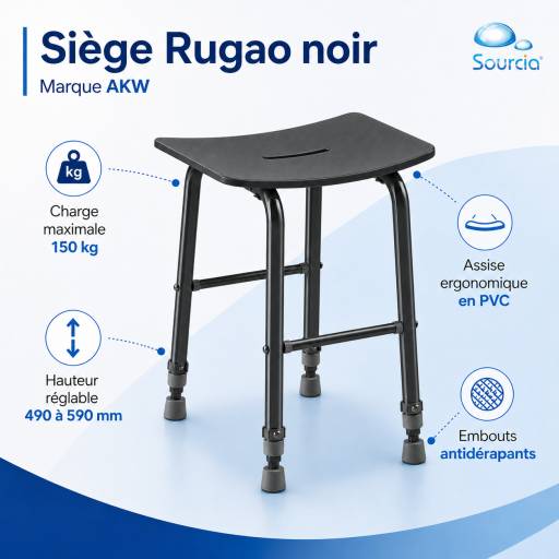 Pr�sentation des caract�ristiques du tabouret de douche RUGAO noir r�glable.