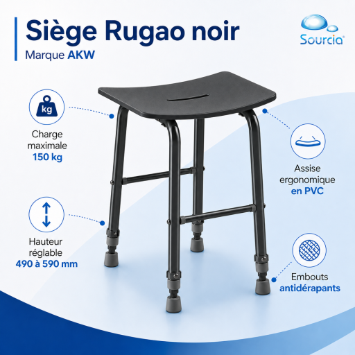 Tabouret de douche RUGAO NOIR r�glable pour salle de bain PMR