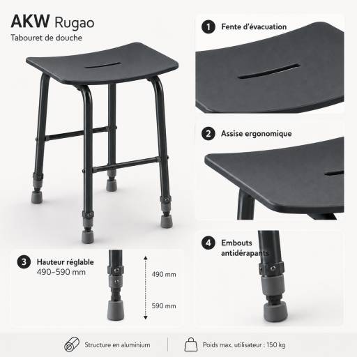 D�tails de l�assise et des pieds r�glables du tabouret de douche RUGAO noir.