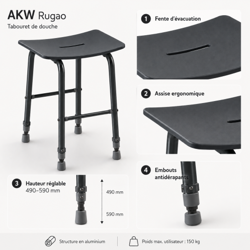 Tabouret de douche RUGAO NOIR r�glable pour salle de bain PMR
