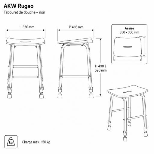 Sch�ma technique cot� du tabouret de douche RUGAO noir � quatre pieds.