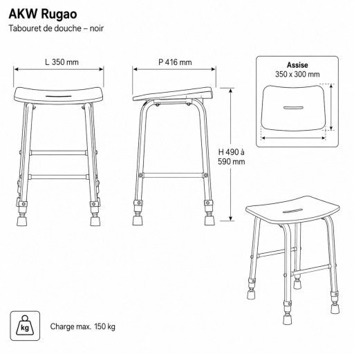 Tabouret de douche RUGAO NOIR r�glable pour salle de bain PMR