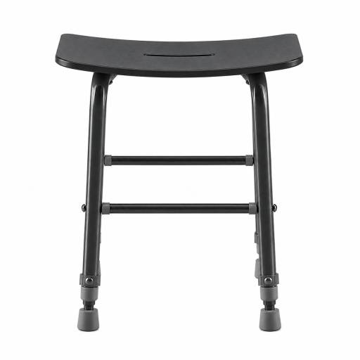 Vue de face du tabouret de douche RUGAO noir � pieds r�glables.