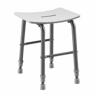Tabouret de douche RUGAO blanc � quatre pieds r�glables, vu de trois-quarts sur fond blanc.