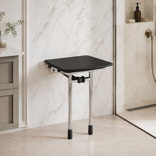 Si�ge de douche mural RUGAO noir install� dans une douche aux tons beiges avec paroi vitr�e.