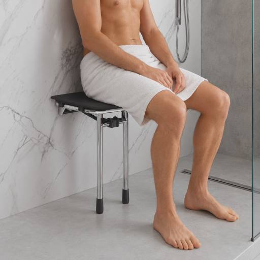 Personne assise sur le si�ge de douche mural RUGAO noir, pieds pos�s au sol.