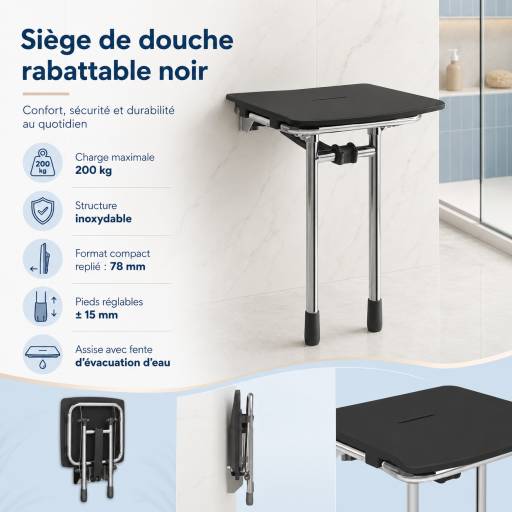 Pr�sentation des caract�ristiques du si�ge de douche rabattable RUGAO noir.