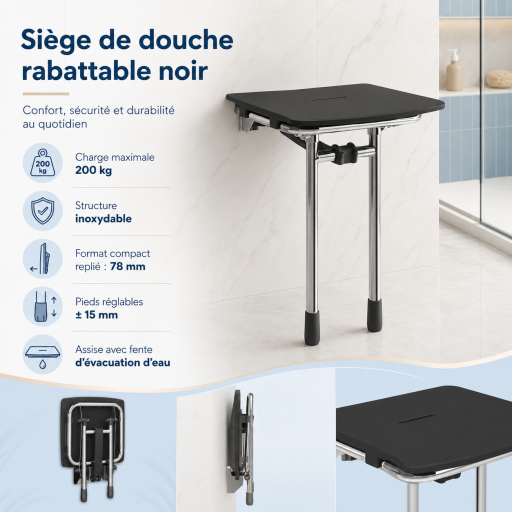 Si�ge de douche RUGAO NOIR relevable et r�glable pour salle de bain PMR