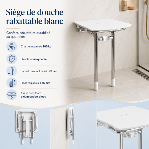 Si�ge de douche RUGAO BLANC relevable et r�glable pour salle de bain PMR