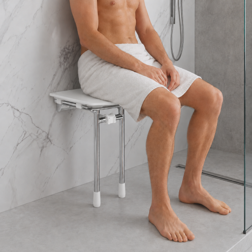 Si�ge de douche RUGAO BLANC relevable et r�glable pour salle de bain PMR