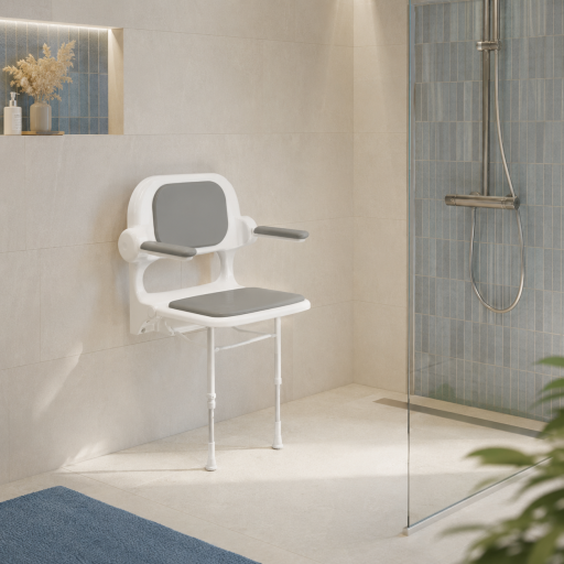 Si�ge de douche relevable S�rie 2000 rembourr� avec dossier et accoudoirs gris et blanc