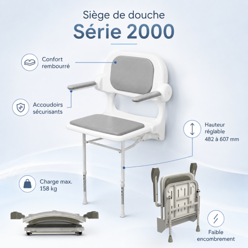 Si�ge de douche relevable S�rie 2000 rembourr� avec dossier et accoudoirs gris et blanc
