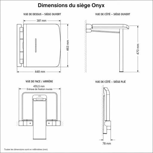 Sch�ma cot� du si�ge de douche relevable ONYX noir