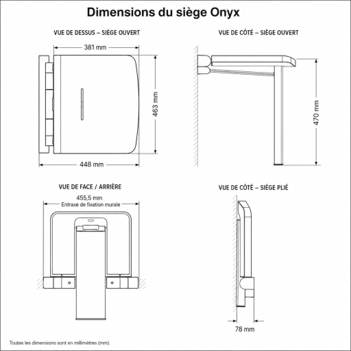 Si�ge de douche relevable ONYX NOIR pour salle de bain PMR