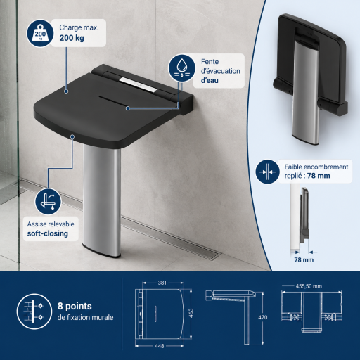 Si�ge de douche relevable ONYX NOIR pour salle de bain PMR