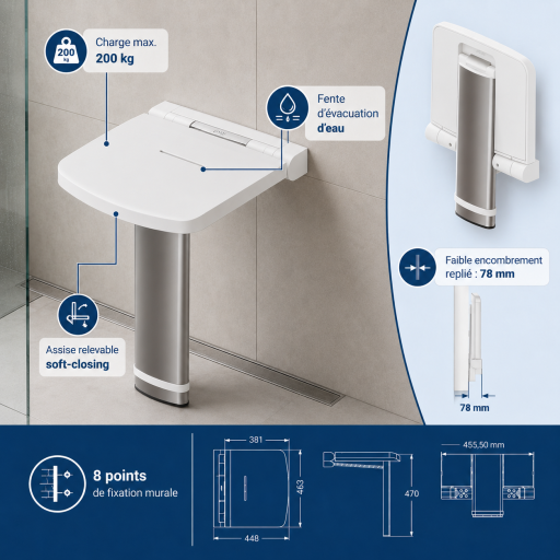 Si�ge de douche relevable ONYX  BLANC pour salle de bain PMR