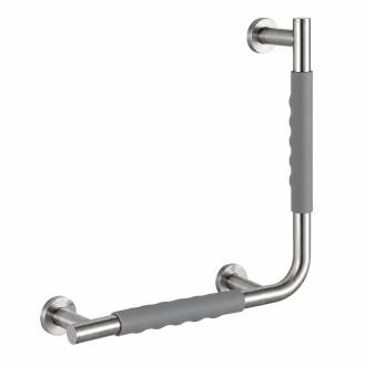 Barre d�appui COMFORT GRIP coud�e � 90� en acier bross� sur fond blanc