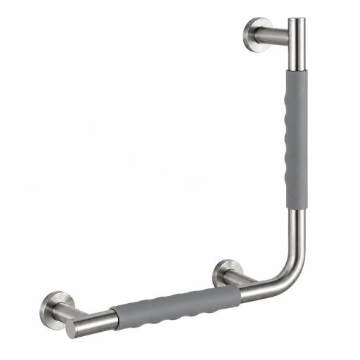Barre d’appui COMFORT GRIP coudée à 90° en acier brossé sur fond blanc