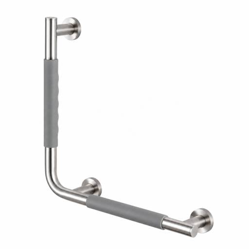 Barre d�appui COMFORT GRIP 90� droite en acier bross�, sur fond blanc