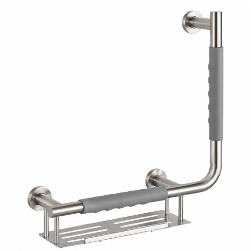 Barre d'appui  90� COMFORT GRIP en acier bross� avec porte-savon