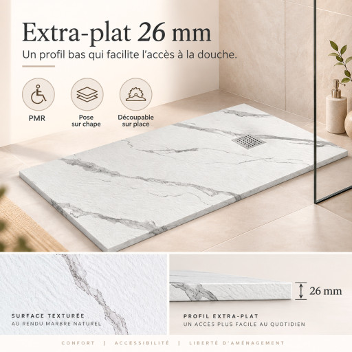 Receveur de douche AQUALITE ULTRASLIM Bonde Frontale PN24 extra-plat 26mm - 180x80 Marbr�