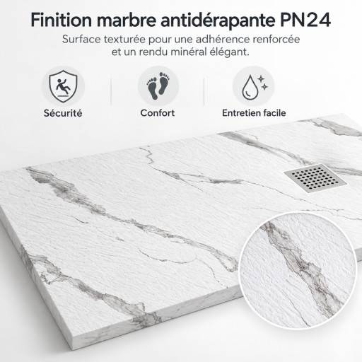 Finition marbre antid�rapante PN24 du receveur AQUALITE ULTRASLIM 200 � 100 cm � bonde frontale.