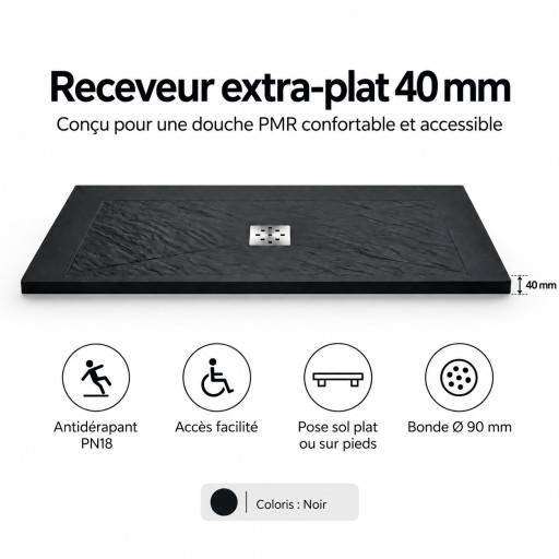 Pr�sentation du profil extra-plat de 40 mm du receveur de douche AQUAPLUS noir 180 � 80 cm.