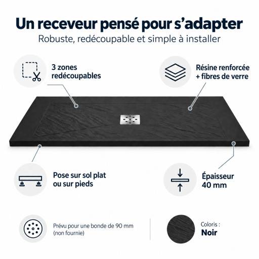 Pr�sentation des possibilit�s d�adaptation du receveur de douche AQUAPLUS noir 180 � 80 cm.