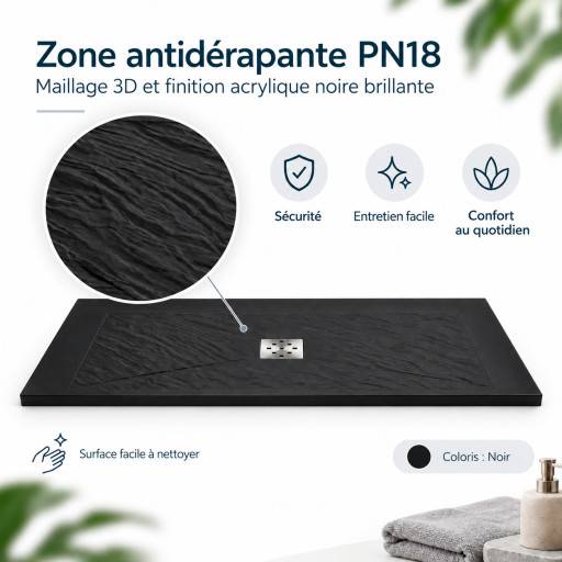 Surface antid�rapante PN18 du receveur AQUAPLUS noir 180 � 80 cm, avec d�tail de la texture.