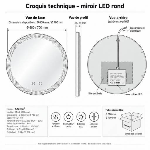 Miroir salle de bain rond LED anti-bu�e 60 cm tactile  IP44 SA26-006
