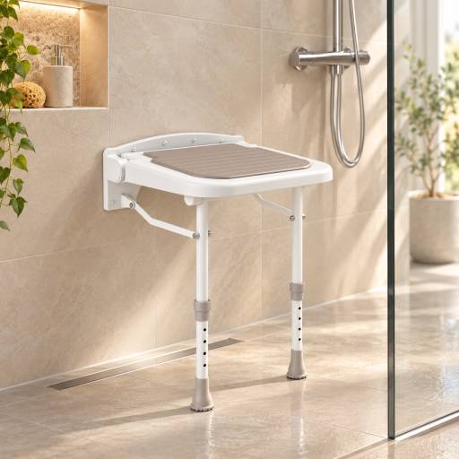 Si�ge de douche rembourr� install� sur un mur beige dans une douche