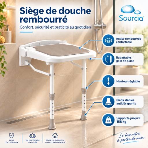 Pr�sentation du si�ge de douche rembourr� rabattable et de ses caract�ristiques