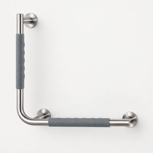 Barre d�appui COMFORT GRIP 90� droite en acier bross�, vue de face sur un mur clair