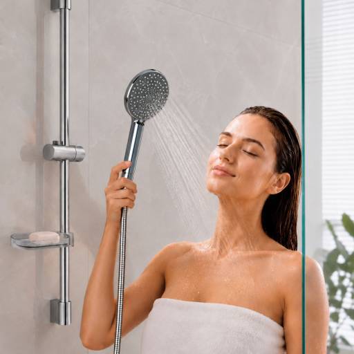 Barre de douche Aquaris �L�GANCE inox 304 chrom�e douchette ronde 5 modes de jets