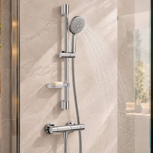 Barre de douche Aquaris �L�GANCE inox 304 chrom�e douchette ronde 5 modes de jets