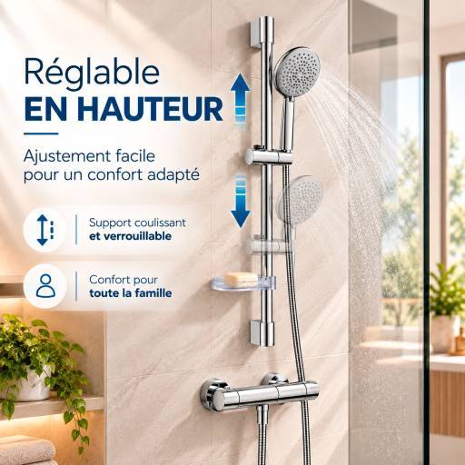 Barre de douche Aquaris �L�GANCE inox 304 chrom�e douchette ronde 5 modes de jets