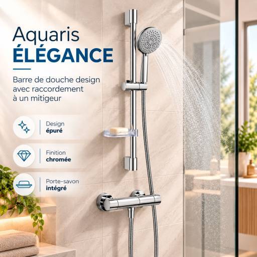 Barre de douche Aquaris �L�GANCE inox 304 chrom�e douchette ronde 5 modes de jets