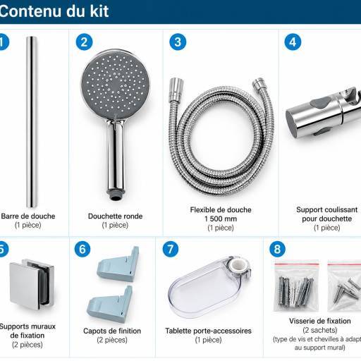 Barre de douche Aquaris �L�GANCE inox 304 chrom�e douchette ronde 5 modes de jets