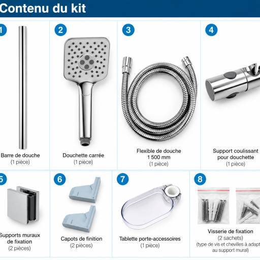 Barre de douche Aquaris SIGNATURE inox 304 chrom�e douchette carr�e 3 modes de jets
