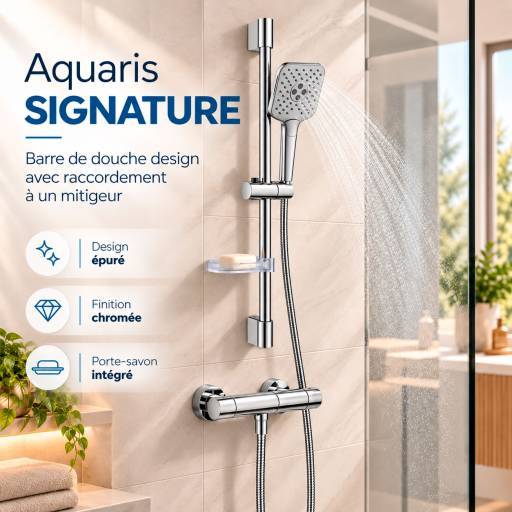 Barre de douche Aquaris SIGNATURE inox 304 chrom�e douchette carr�e 3 modes de jets