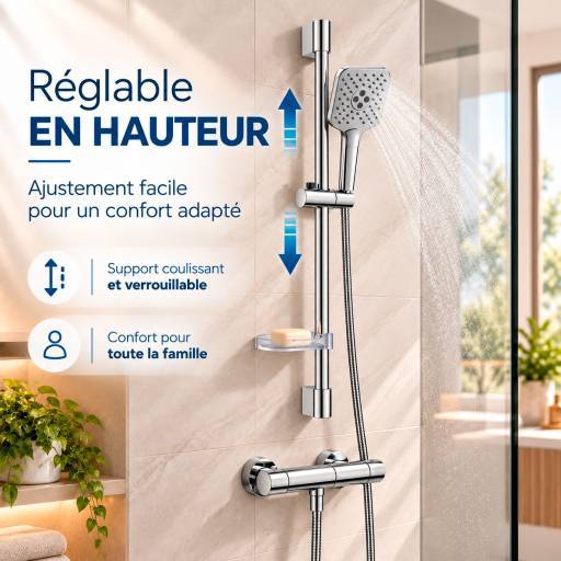 Barre de douche Aquaris SIGNATURE inox 304 chrom�e douchette carr�e 3 modes de jets