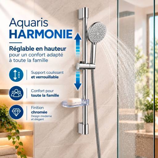 Barre de douche Aquaris HARMONIE chrom�e, r�glage de la douchette en hauteur