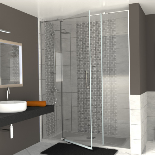 Paroi de douche fixe sable avec porte pivotante pour pose en niche pour salle de bain PMR