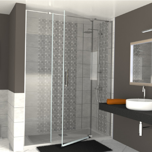 Paroi de douche fixe sable avec porte pivotante pour pose en niche pour salle de bain PMR